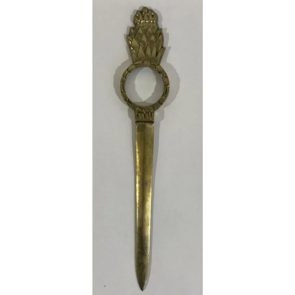Vintage Brass Midcentury Pineapple Letter‎ Opener With Magnifying Glass 10.5”